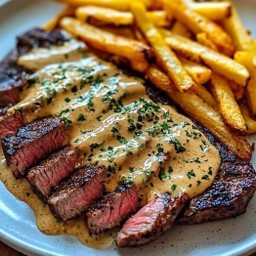 เนื้อย่างหอมๆ ราดน้ำสลัดงาคั่วหอมๆ เสริฟคู่เฟรนฟราย