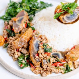 ข้าวผัดกะเพราหมูสับไข่เยี่ยวม้า