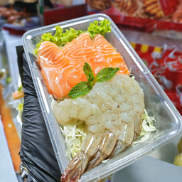 แซลมอน+กุ้งแช่น้ำปลา จัดเซ็ทพร้อมหอมเจียว,ผักแกล้มต่างๆ