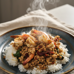 ข้าวกะเพรากุ้งหมูสับ