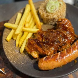 SET 4 สเต็กไก่บาบีคิวและไส้กรอกหมูรมควัน BBQ Chcken steak, pork sausage