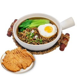 ข้าวอบหม้อดินหมูผักกาดดอง+ หมูแผ่นทอด