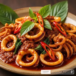 ข้าวราดปลาหมึกผัดพริกเผา