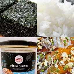 ชุด ปลาหมึกดองกระป๋อง+ข้าว+สาหร่ายห่อข้าว+น้ำจิ้มซีฟู๊ด