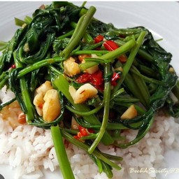 ผักผักบุ้ง ไม่ใส่เนื้อสัตว์ ราดข้าว