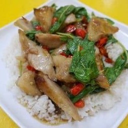 กระเพราคอหมูราดขาว