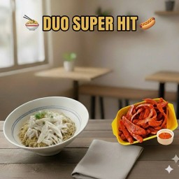 เส้นคลุกไก่ฉีกคู่ไส้กรอกแดง