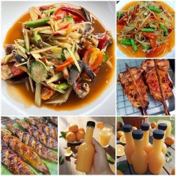 ร้าน ส้มตำ ไก่ย่าง เจ๊ใหญ่ มีน้ำส้มคั้นสดด้วยนะ