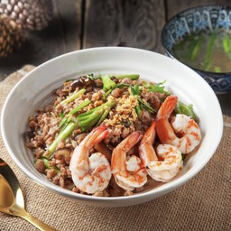 B4 ข้าวต้มแห้ง + หมูสับผัดเห็ดหอม + กุ้ง