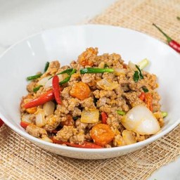 D59 ข้าว + เนื้อสับ/เนื้อชิ้น/ปลาดอลลี่ ผัดไข่เค็ม