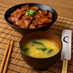 [เซตสุดฮิต] ข้าวหน้าหมูสามชั้นย่างซอสญี่ปุ่น + ซุปมิโซะ