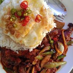 ข้าวพริกแกงปลาดุกทอด + ไข่ดาว