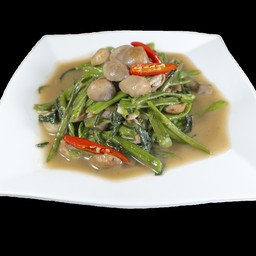 မှိုကန်ဇွန်းရွက်ကြော် ผัดผักบุ้งใส่เห็ด STIR-FRY WATER SUSH wH with MUSHROOM