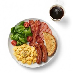 ไข่คน+แฮม+เบคอน+ไส้กรอก+ขนมปัง+กาแฟร้อน