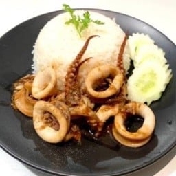 ข้าวราดผัดกระเทียมปลาหมึก