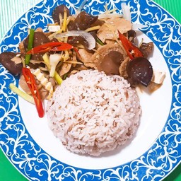 ผัดขิงเห็ดหูหนูหมูเจราดข้าว Vegan