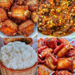 ซี่โครงหมูทอดกระเทียม ส้มตำ ข้าวเหนียว