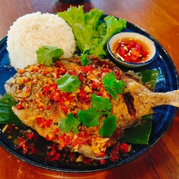 ข้าวปลาจาระเม็ดราดพริกสด