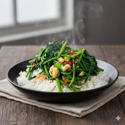 เมนูผัดผักบุ้ง ราดข้าว