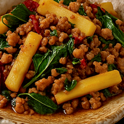 (กับข้าว)กะเพราหมูสับ หน่อไม้ (Sharing Dish)Stir Fried Minced Pork with bamboo shoots and Holy Basil
