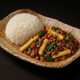 ข้าวกะเพราหมูสับ หน่อไม้ Stir Fried Minced Pork with bamboo shoots and Holy Basil