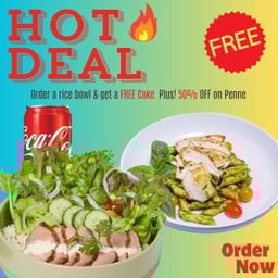 Hot Deal! ข้าวหน้าเนื้อจิ้มแจ่ว ฟรี! โค้ก 1 กระป๋อง  และรับส่วนลด 50% สำหรับเมนู Penne
