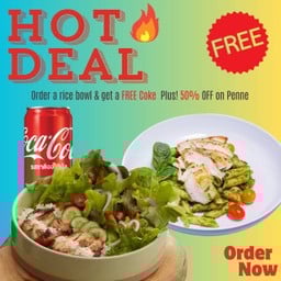 Hot Deal! ข้าวหน้าไก่จิ้มแจ่ว ฟรี! โค้ก 1 กระป๋อง  และรับส่วนลด 50% สำหรับเมนู Penne