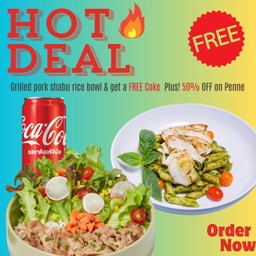 Hot Deal! ข้าวหน้าหมูชาบู ฟรี! โค้ก 1 กระป๋อง  และรับส่วนลด 50% สำหรับเมนู Penne