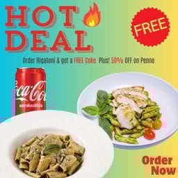 Hot Deal! ริกาโตนี เคล เห็ดชิเมจิ ทรัฟเฟิล ฟรี! โค้ก 1 กระป๋อง  และรับส่วนลด 50% สำหรับเมนู Penne