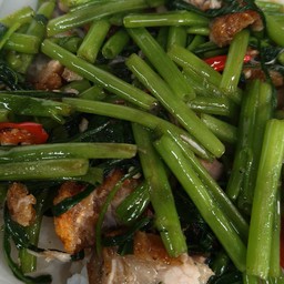 ผัดผักบุ้งหมูกรอบราดข้าว