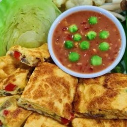 ไข่เจียวมะเขือเทศ,หอมแดง+น้ำพริกกะปิ+ผักรวก