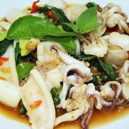 ข้าวราดปลาหมึกผัดใบโหรพา