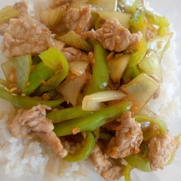 ผัดพริกอ่อนหมูราดข้าว