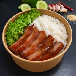 ข้าวรวมไก่อบและคอหมูย่าง