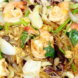 ข้าวราด วุ้นเส้นผัดกุ้งสด+ใส่กะหล่ำ+ตั้งโอ๋ (ไม่ใส่ไข่)