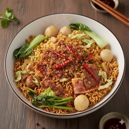 สุกี้หมาล่าแห้งเส้นมาม่า (เนื้อสัตว์+ไข่+มาม่า+ผัก)