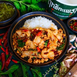 ข้าวกะเพรา หมูสับ+หมูสามชั้นสไลด์