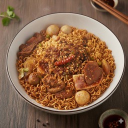 สุกี้แห้งหมาล่าเส้นมาม่าไม่ใส่ผัก (เนื้อสัตว์+ไข่+มาม่า)