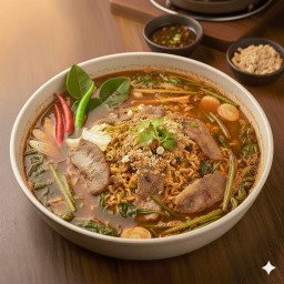 สุกี้แจ่วฮ้อนน้ำ มาม่า (เนื้อสัตว์+ไข่+มาม่า+ผัก)