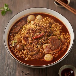 สุกี้น้ำหมาล่าเส้นมาม่าไม่ใส่ผัก (เนื้อสัตว์+ไข่+มาม่า)