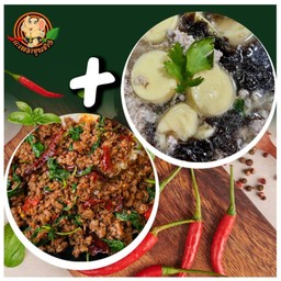 ข้าวกะเพราหมูสับ + ซุปเต้าหู้สาหร่ายขุนช้าง