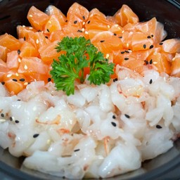 ข้าวหน้าแซลม่อนสด+กุ้งหวานอาร์เจน