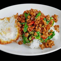 ข้าวราดผัดกระเพราหมูสับ + ไข่ดาว