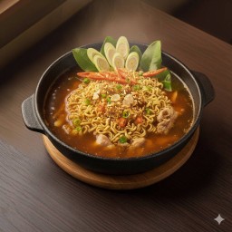 สุกี้น้ำแจ่วฮ้อนไม่ผัก เส้นมาม่า+ไข่+เนื้อสัตว์