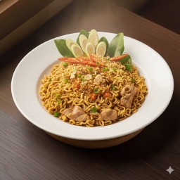 สุกี้แห้งแจ่วฮ้อนไม่ผัก เส้นมาม่า+ไข่+เนื้อสัตว์