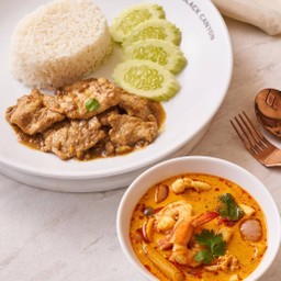 Fried Garlic Pork with Rice + Spicy Tom Yum Prawn Soup