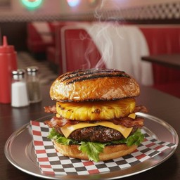 เบอร์เกอร์เนื้อสอดไส้สับปะรดเบคอนและชีสประกอบด้วยขนมปังหอมเนย