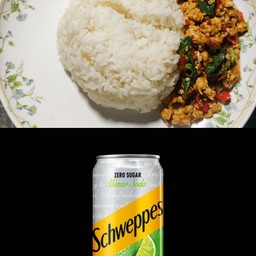 [อร่อยซ่ากับโค้ก] ผัดกะเพราไก่สับ +  ชเวปส์มะนาวโซดา ไม่มีน้ำตาล (กระป๋อง)