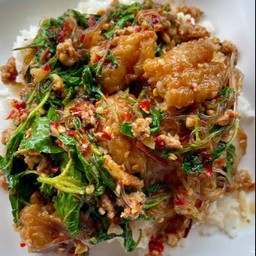 กระเพราปลาดอลลี่วุ้นเส้นราดข้าว