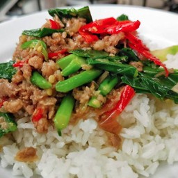 คะน้าหมูสับราดข้าว